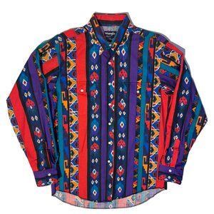 Vintage 90s Wrangler Southwestern Aztec Brushpopper Shirt Medium Colorful 16-35